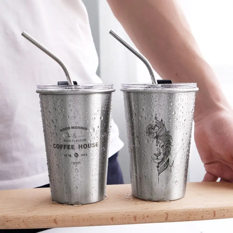 

350/500ML 304 Stainless Steel Straw Cup Tea Mug with Lid Heat Resistant Portable Beer Cup with Spoon Straw Milk Carton