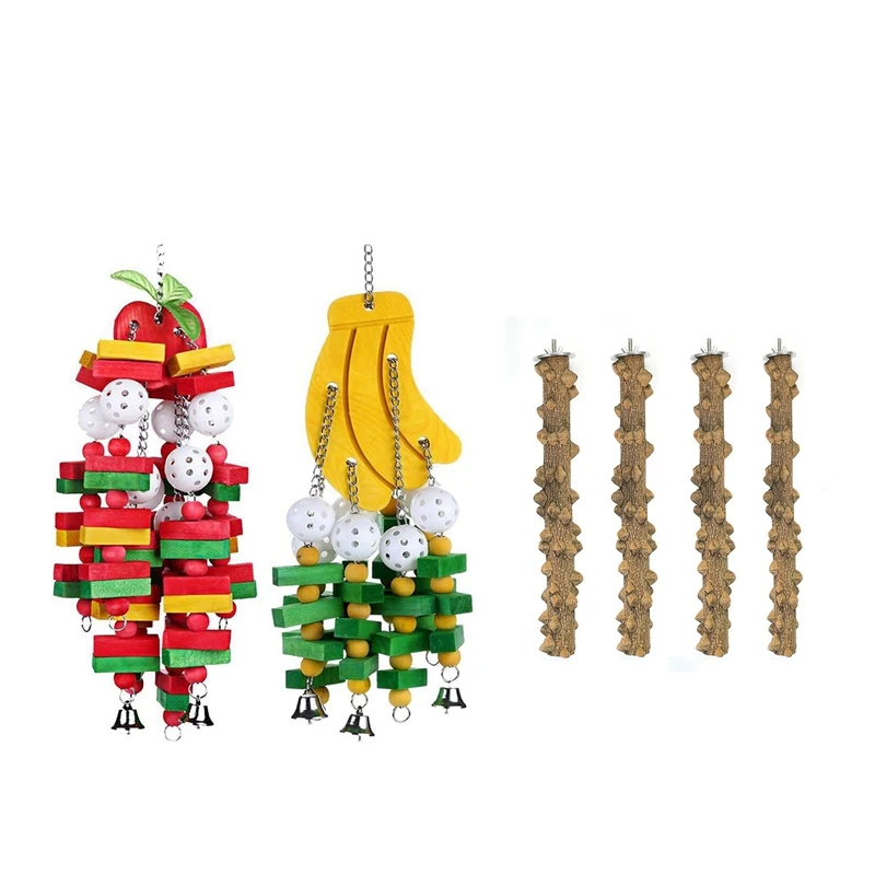 

2 Pieces Banana Apple Parrot Cake Chew Toy & 4 Pcs Bird Perch Nature Wood Prickly Parrot Stand Toy