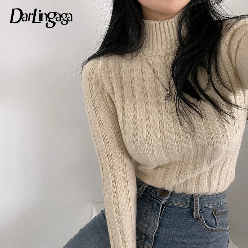 

Свитер Darlingaga женский в полоску, Модный облегающий однотонный базовый вязаный пуловер с высоким воротником, на осень-зиму