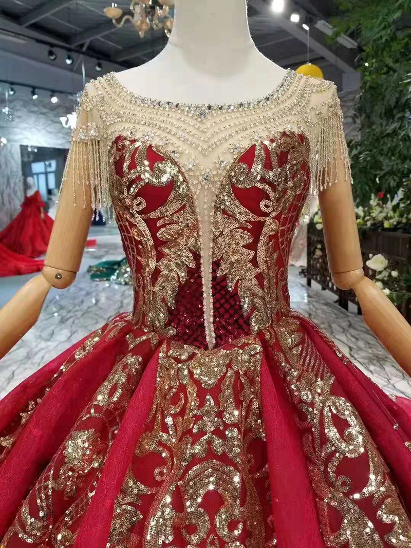 

BGW 22726ht Luxury Red Evening Dress Women Occasion Dresses O-neck Short Sleeve Crystal Party Dress Long Golden Lace Dubai Style