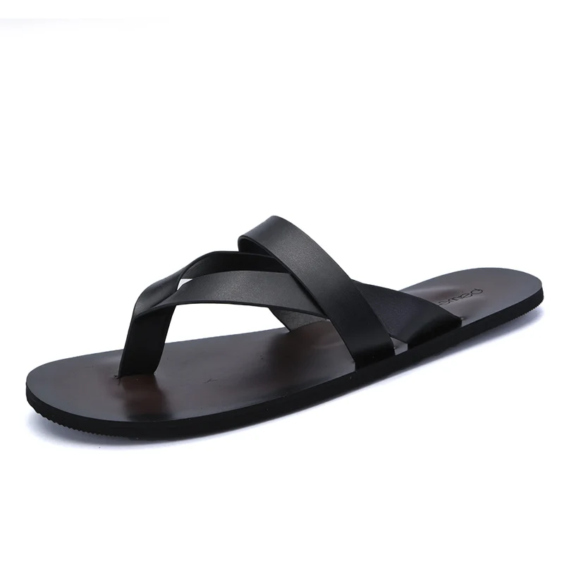 Модные пляжные мужские шлепанцы на плоской подошве Лаконичные кожаные летние