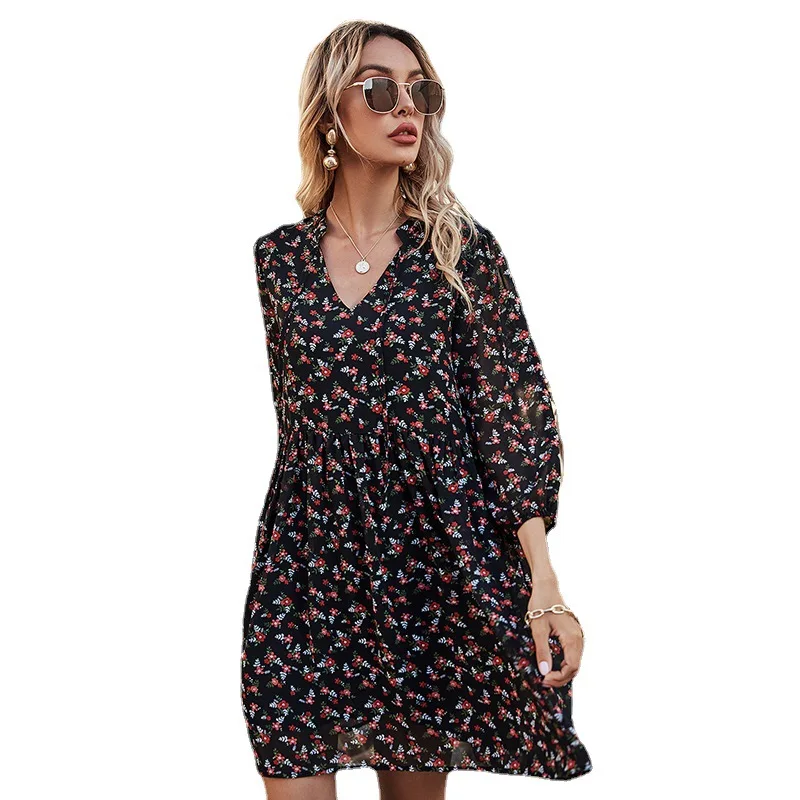 

New 2021 Print Office Lady Short High Waist Dress Women's Summer V Neck A Line Half Sleeve High Waist Loose Chiffon Dresses