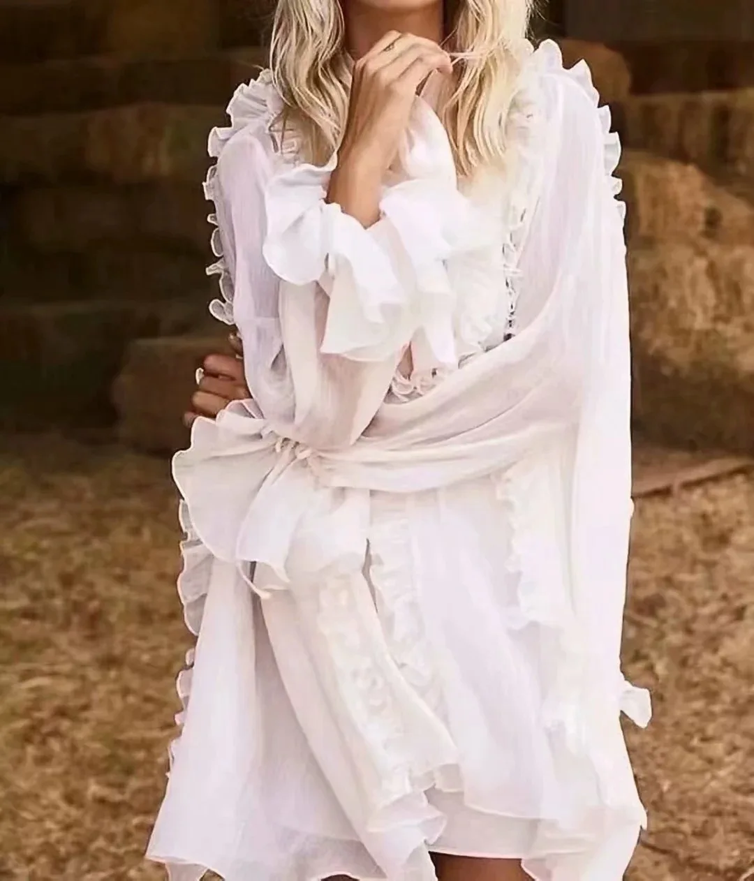 DEAT 2020 Spring Long Sleeve Ruffled Collar Beige Short Mini Dress Women MH566 |
