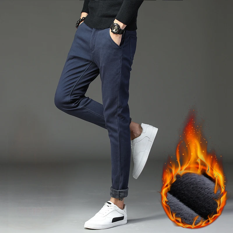 Зимние новые мужские теплые повседневные брюки бизнес мода Slim Fit стрейч плотные брюки мужские брендовые хаки ВМФ серые брюки - Цвет: Синий