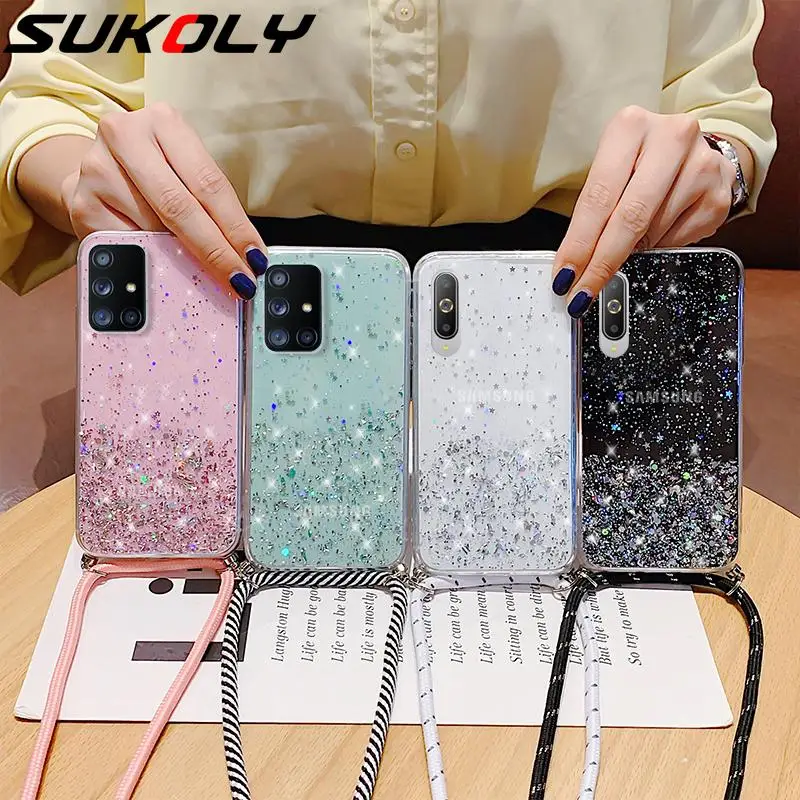 Чехол с шейным ремешком для Samsung A52 5G A72 S20 FE A51 A50 A71 A70 Ultra S10 S9 S21 прозрачный чехол