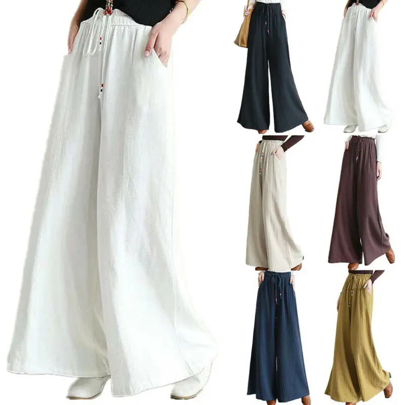 

Women's Basic Fashion Plain Linen Baggy Pants Ladies Summer Casual Wide Leg Trousers Slacks Female Clothing