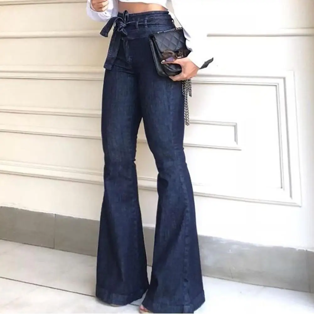 

High Waisted Lacing Stretch Wide Leg Jeans Fashion Ladys Bell-bottomed Pants Large Size Slim Sexy Pants Distress Jeans Cloth