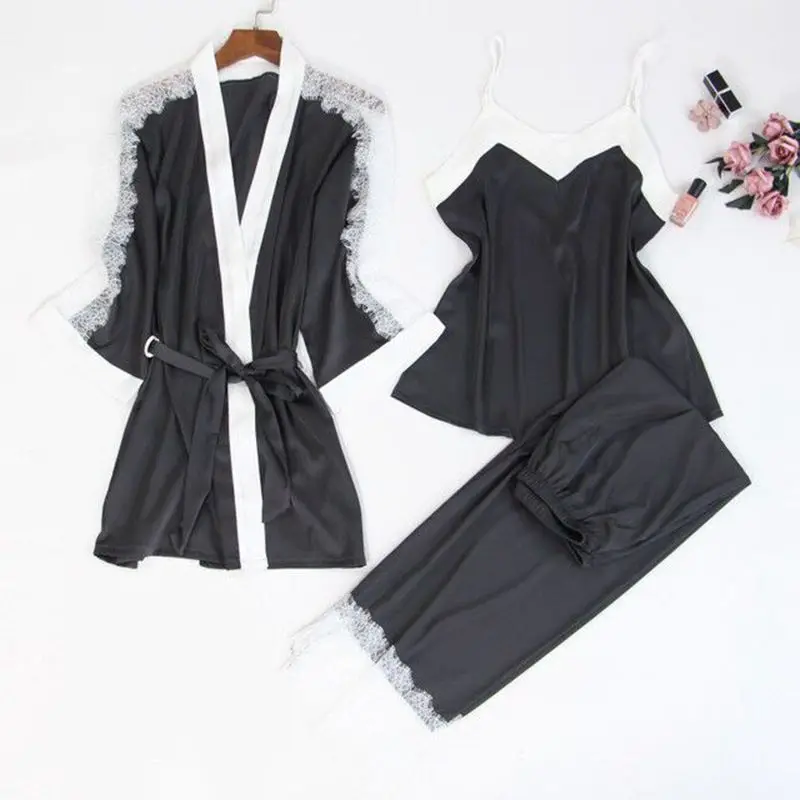 Smmoloa Women Sexy Silk Pajamas Satin Lace Tank+Robe+Pant Pijamas 3 Piece Sets Pyjama | Женская одежда