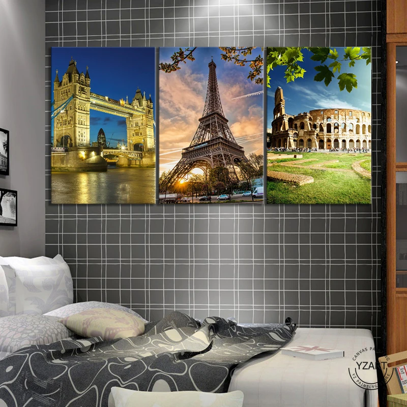 

The Eiffel Tower/Tower Bridge/Colosseum Famous Architectural Tourist Attractions Landscape Art Canvas Painting for Bedroom Decor