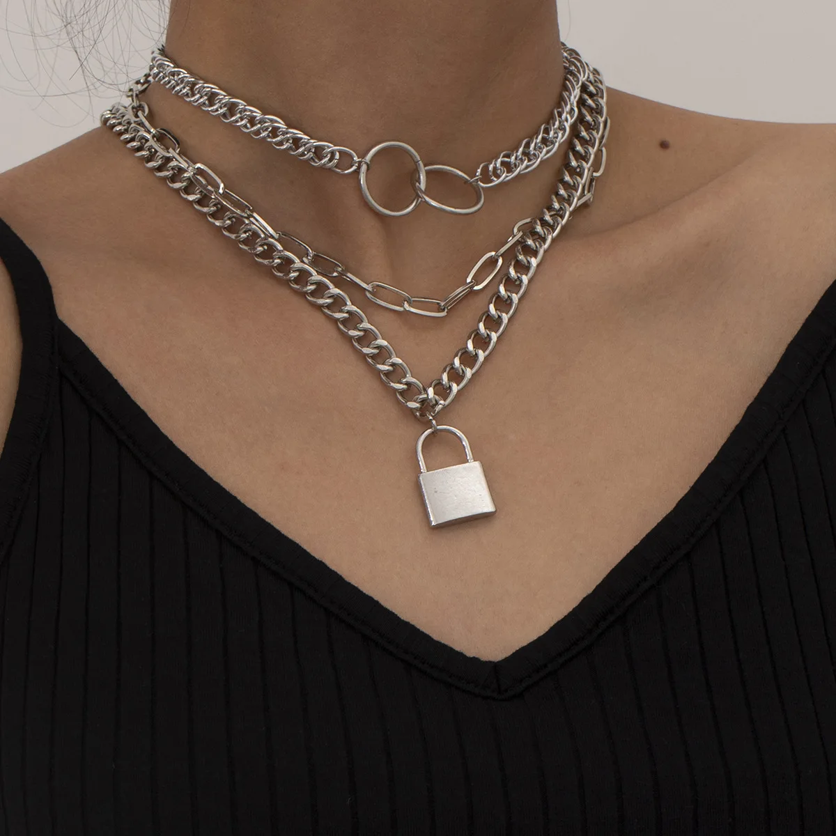 

Lock Pendants Punk Necklaces for Women Gold Color Multilayer Chain Personality Female Man Neck Jewelry Gothic Necklace Gifts