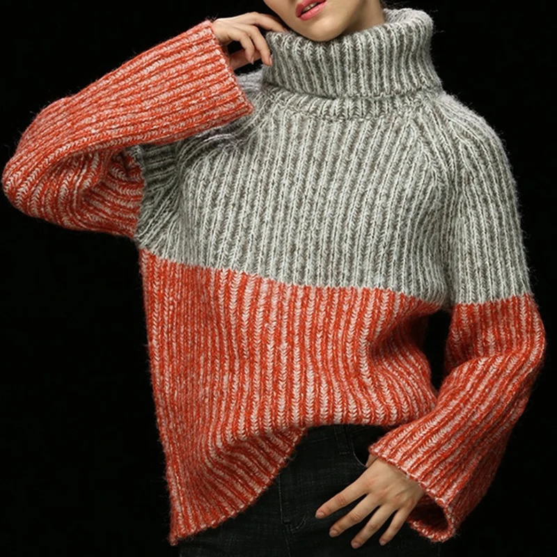 2018 женский толстый осенний свитер контрастного цвета с длинным рукавом высоким