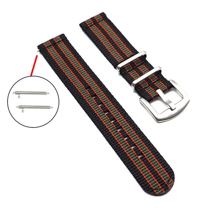 Ремешок черный/хаки в полоску для наручных часов спортивный нейлоновый сменный