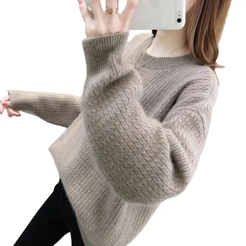 

2020 Autumn Spring Women Sweater Warm Fashion Round Neck Long Sleeve Soild Color Pullovers Female Casual Loose Kintted Tops