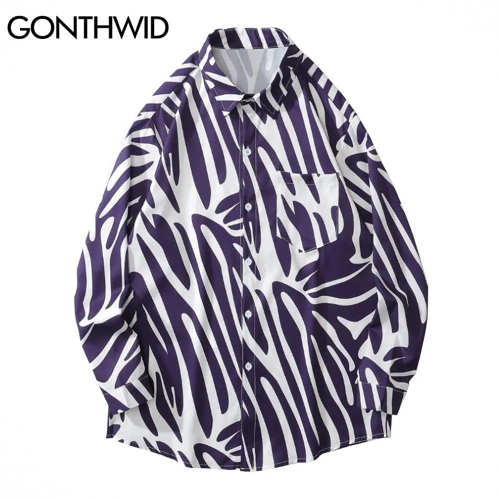 

GONTHWID Зебра футболка в полоску с длинными рукавами и пуговицами для детей; Рубашка в гавайском стиле пляж в стиле «хип-хоп» Модная Повседневн...