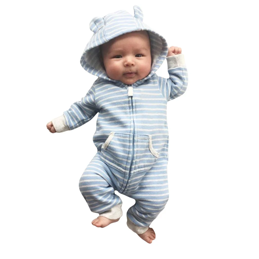 Детский комбинезон для новорожденных Осенний в полоску с капюшоном маленьких