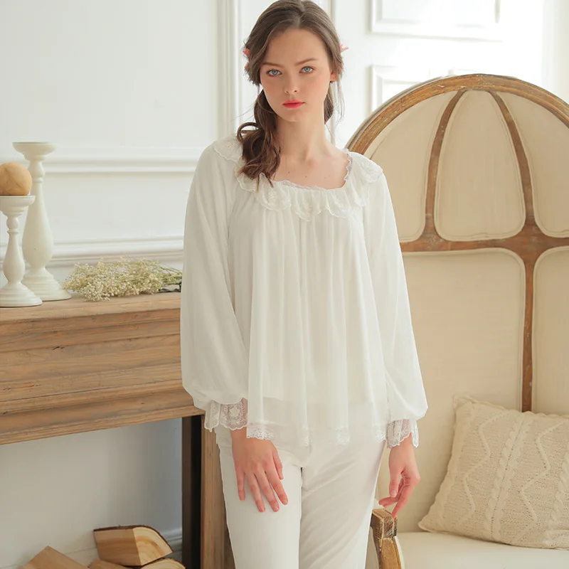 

Princess Lacet Spring and Summer Pure Cotton Gauze Set Long Sleeve Pajamas WOMEN'S Suit Pyjamas Women