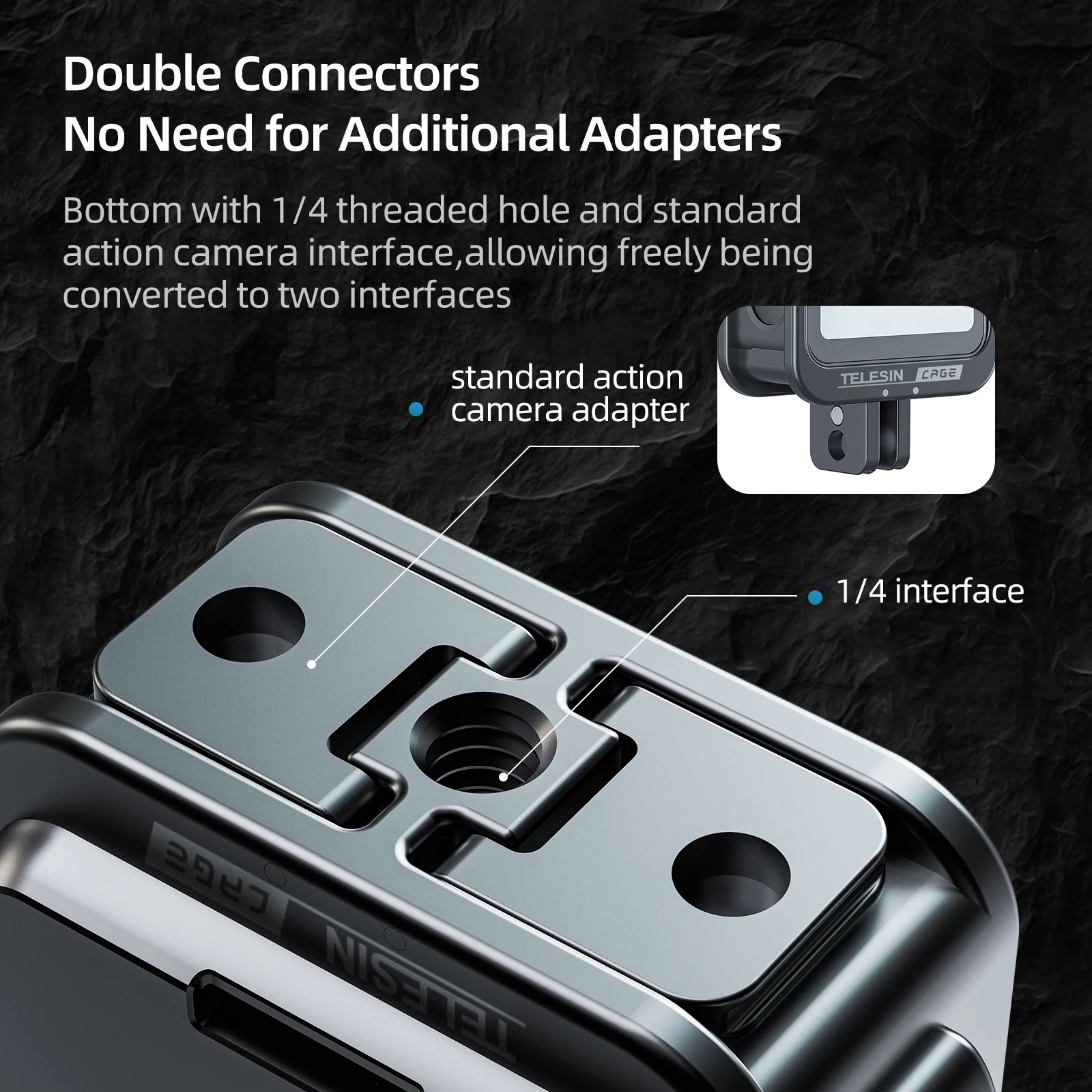 TELESIN Aluminium Alloy Frame Case With Multiple 1/4 '' Hole Cold Shoe Action Camera Adapter For DJI Action 2 Combo Accessories