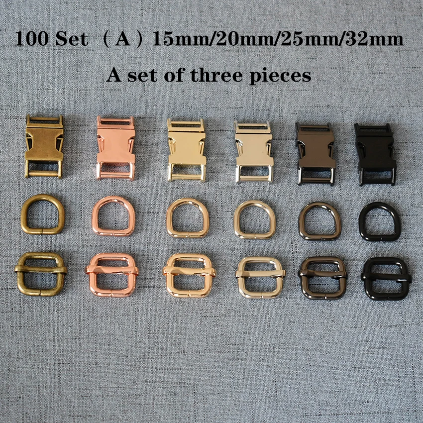 

100 Set (A) 15mm/20mm/25mm/32mm Metal D Ring+Adjustable+Release Buckle DIY Dog Collar and Leash Accessories 3JT7826L