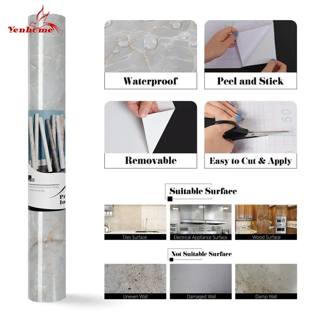 

Waterproof Marble Self Adhesive Wallpaper Vinyl Film Wall Stickers Bathroom Kitchen Cupboard Room Decoration Sticky Paper Decal