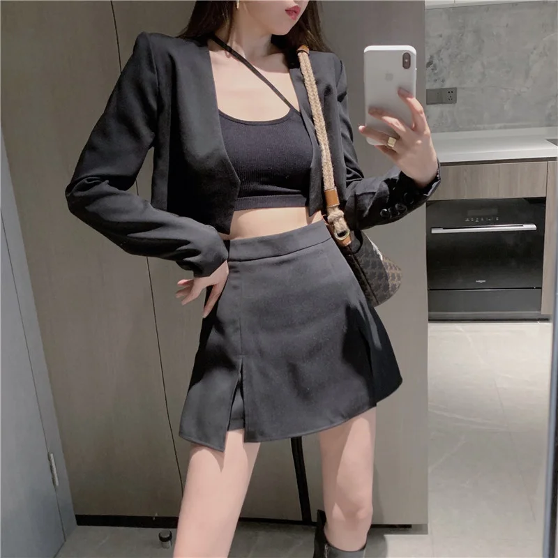

New fashion Korean style suit short jacket + all-match split skirt pants + camisole suit