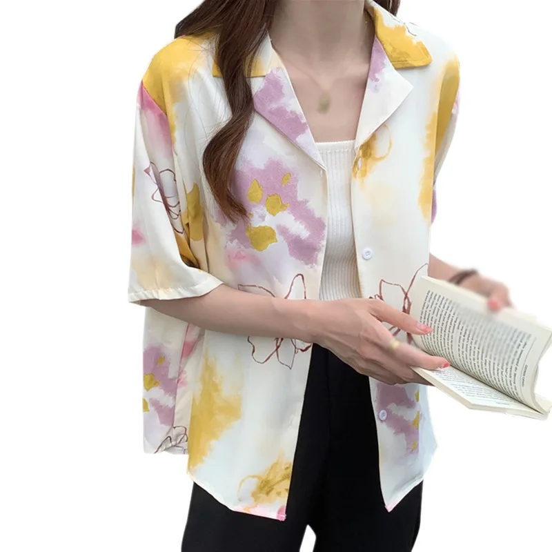 

Print Blouses Women Vintage Chic BF High Street Teens Shirts All-match Popular Casual Short Sleeve Ladies Chiffon Blouse