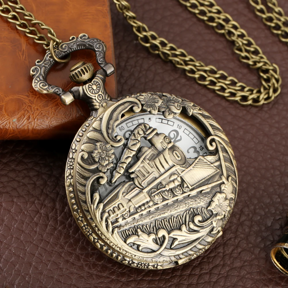Fashion Train Design Case Quartz Pocket Watch with Gift Box Exquisite Necklace Pendant High Grade Gifts Sets for Friend