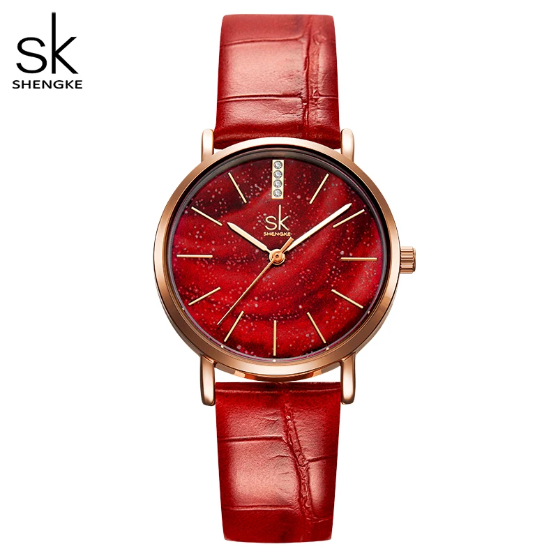 Red leather Shengke женские часы Звездный зеленый циферблат Reloj Mujer женские наручные часы ультра-тонкий ремешок из нержавеющей стали Кварцевые Montre Femme подарок - Цвет: Red leather