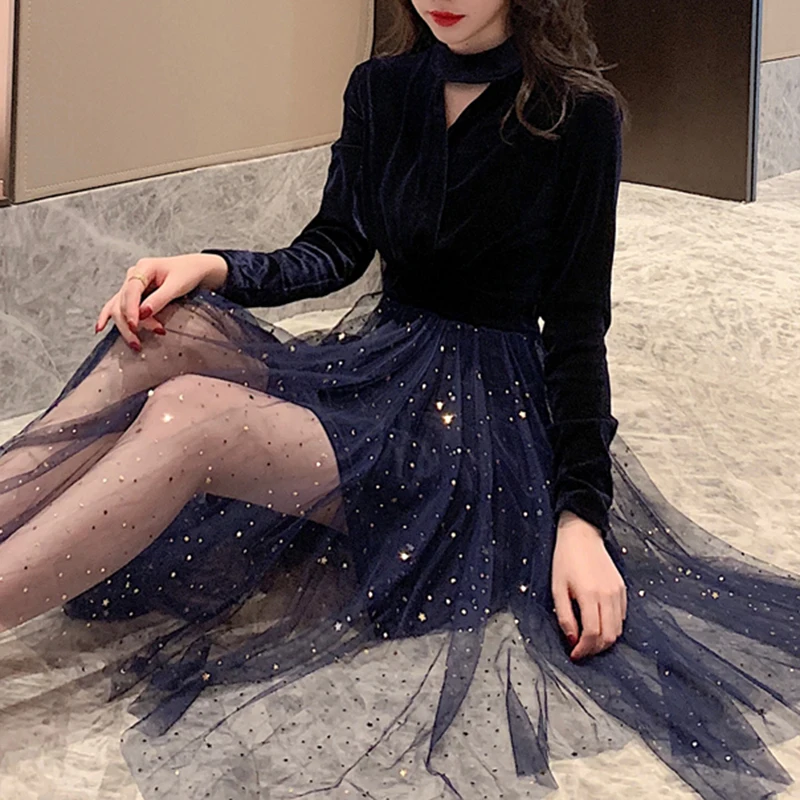 VSUE женское черное темно-синее бархатное лоскутное Сетчатое вечернее платье с