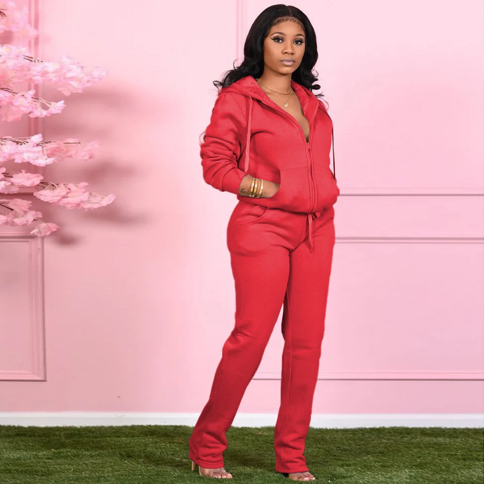 

Fashion Winter Hooded Velvet Set Two Piece Set Women Zipper Jacket + Long Pants Solid Color Sportsuit Jogging Femme Outfits