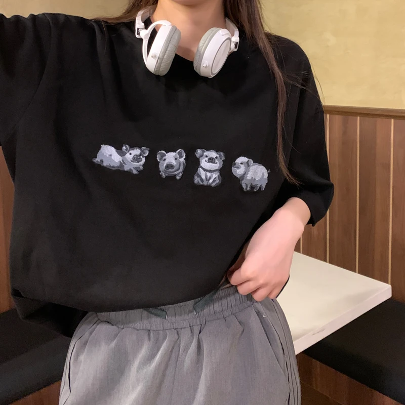 

YTX1248 2021 new Korean fashion all-match medium and long pig embroidery loose and thin short-sleeved T-shirt