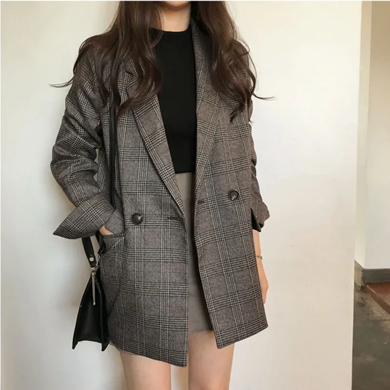 

Women's Jacket Winter Plaid Blazer Vintage Office Lady Double Breast Chic Coat Outerwear Stylish Tops Elegant Ladies
