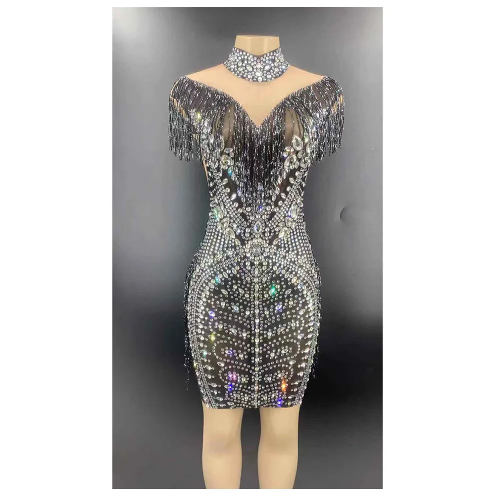 

Sparkly Silver Black Diamonds Tassel Celebrity Evening Party Dress 2021 Birthday Celebrate Prom Bar Women Dancer Mesh Dress