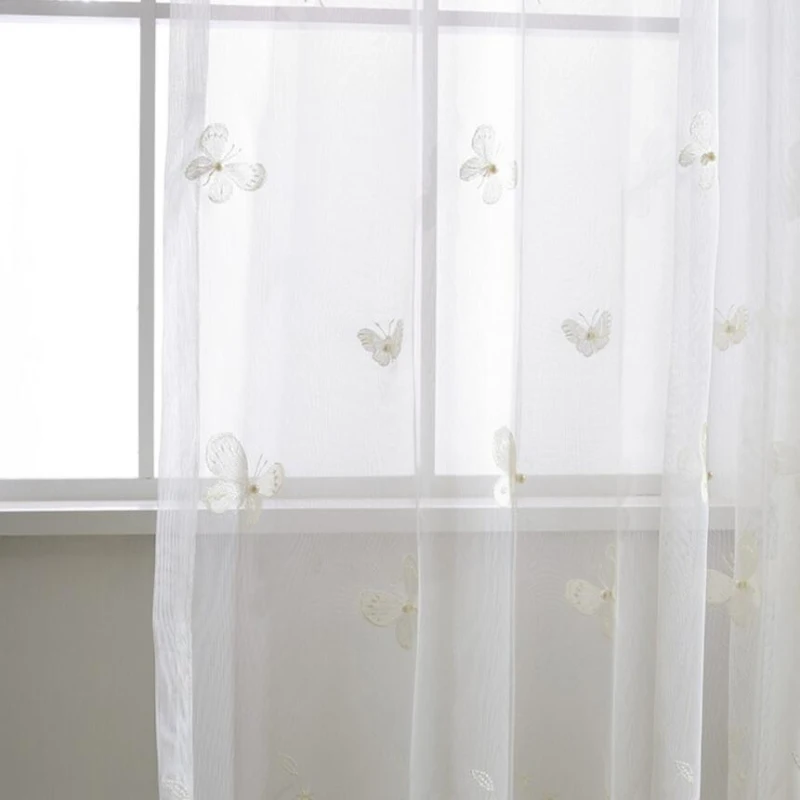 Белые занавески с бабочкой и жемчугом вышивкой на окна современные сетчатые для
