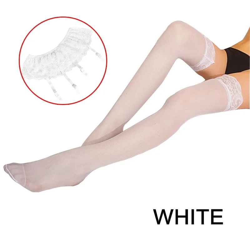 

1Set Fashion Women Sexy Lace Soft Top Thigh High Stockings + Suspender Garter Belt Over the Knee Long Socks Black White 2020