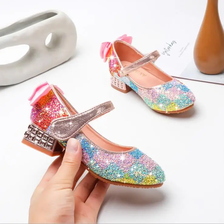 Children girls colorful Bling Paillette shoes princess dance party Shoes high heel 3cm  Pink sliver  26-35 K6-26 GZX04