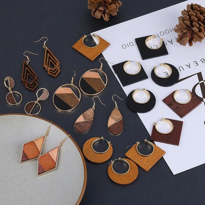 Женские Висячие серьги FNIO этнические геометрические большие деревянные в