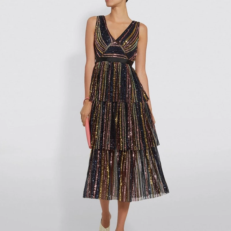 Женское платье миди с блестками и V-образным вырезом | Женская одежда