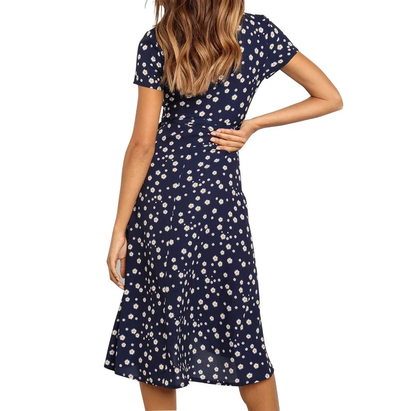 

Summer hot sale in Europe and America V-neck short-sleeved high-waist lace-up chiffon dress