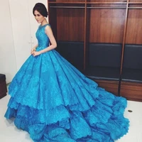 2018 new arrival blue gorgeous lace applique beading layers evening ball gown long prom pageant mother of the bride dresses