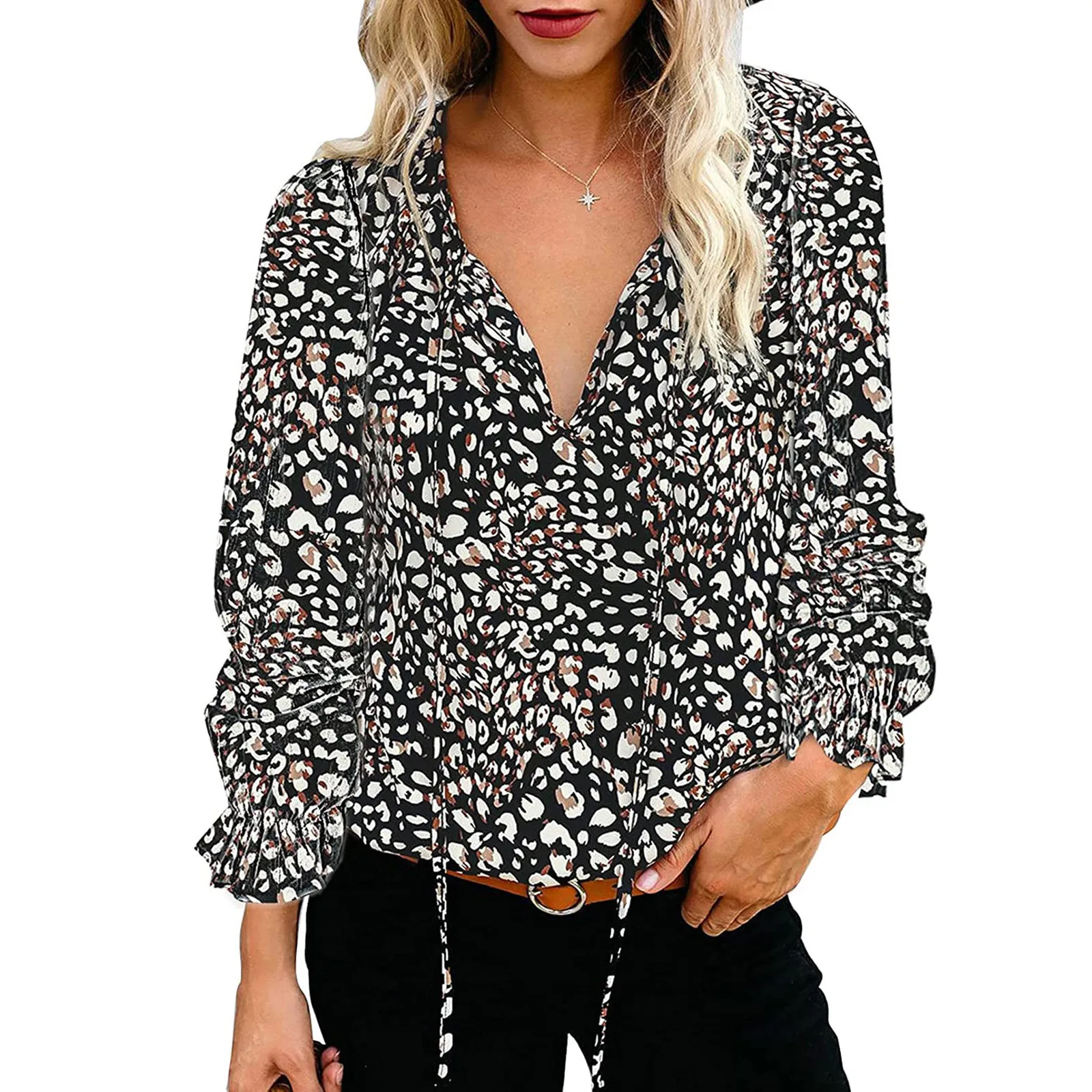 

Новинка 2021, женская рубашка с цветочным принтом и V-образным вырезом, рубашка с длинным рукавом, популярная осенне-Весенняя женская Повседне...