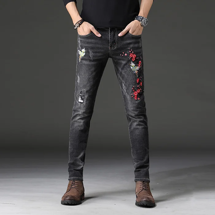Мужские джинсы с цветочной вышивкой и птицами мужские повседневные