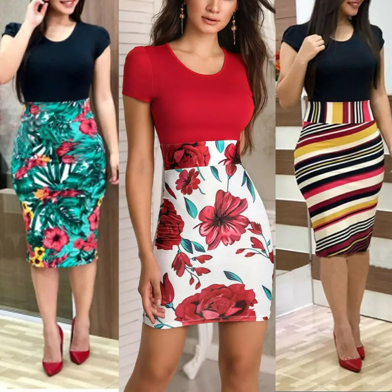 

Women Elegant short sleeve dress boho style midi dress Party Work Fitted Stretch Slim Wiggle Pencil Bodycon One Piece Dress 2020