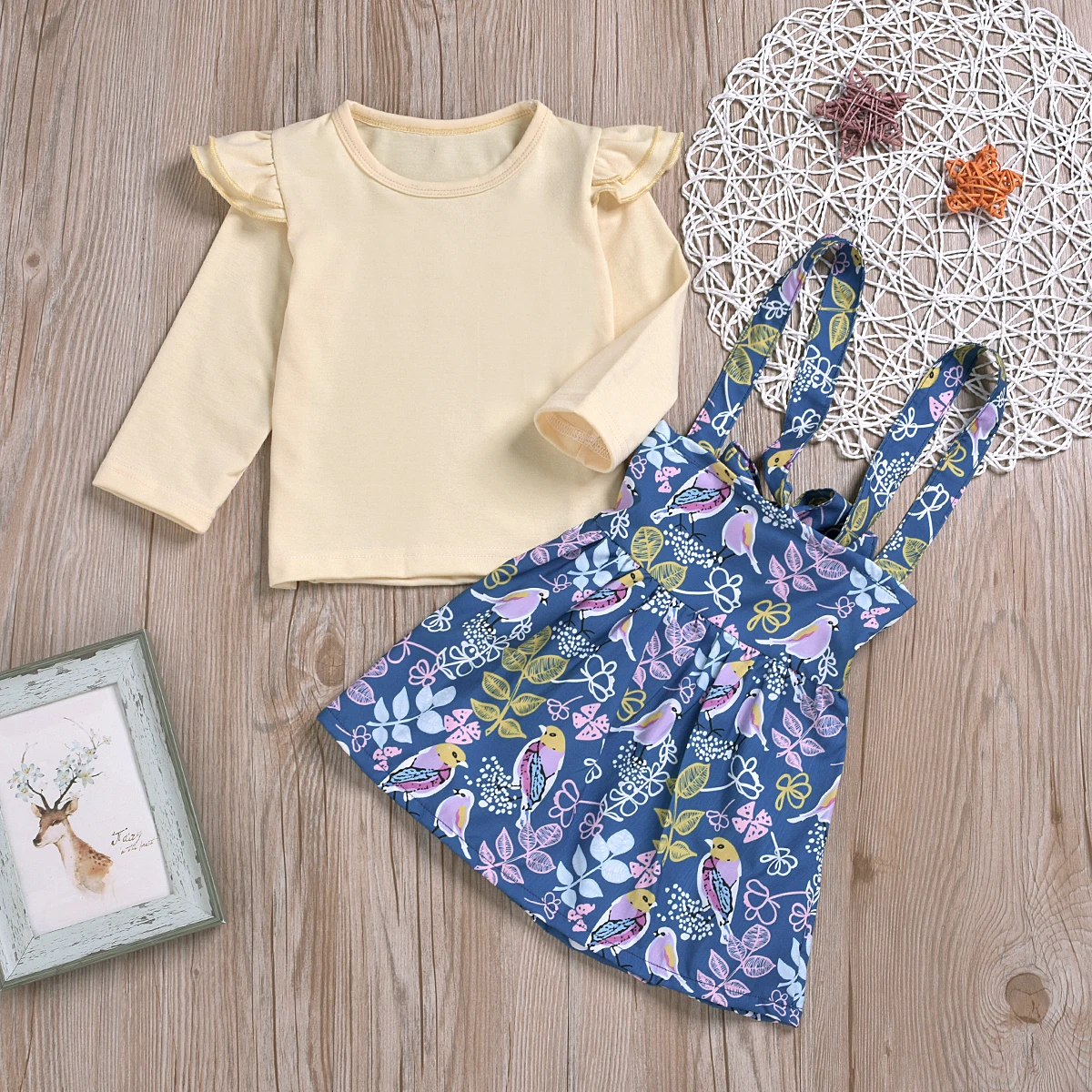 Детский хлопковый топ с оборками и длинными рукавами + синяя юбка цветочным