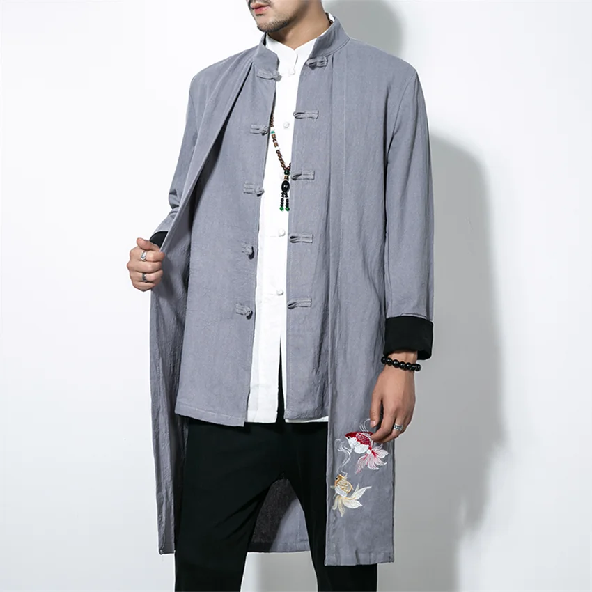 Осенняя мужская длинная куртка из хлопка и льна повседневная в китайском стиле