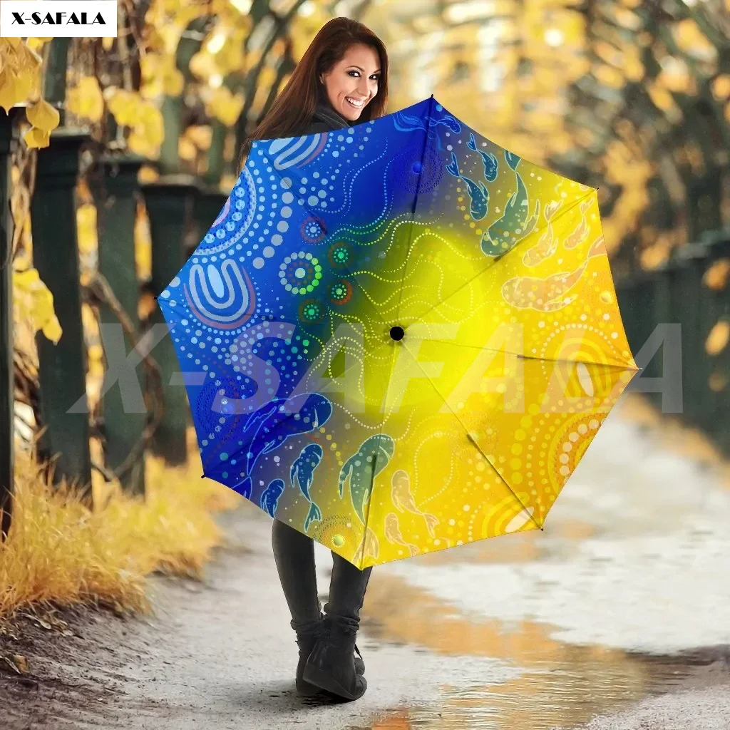 

AUSTRALIA INDIGENOUS FISHING 3D Over Printed Umbrella Automatic Turn On/Off Three-Folding Rain Sunshade Windproof 12 Ribs