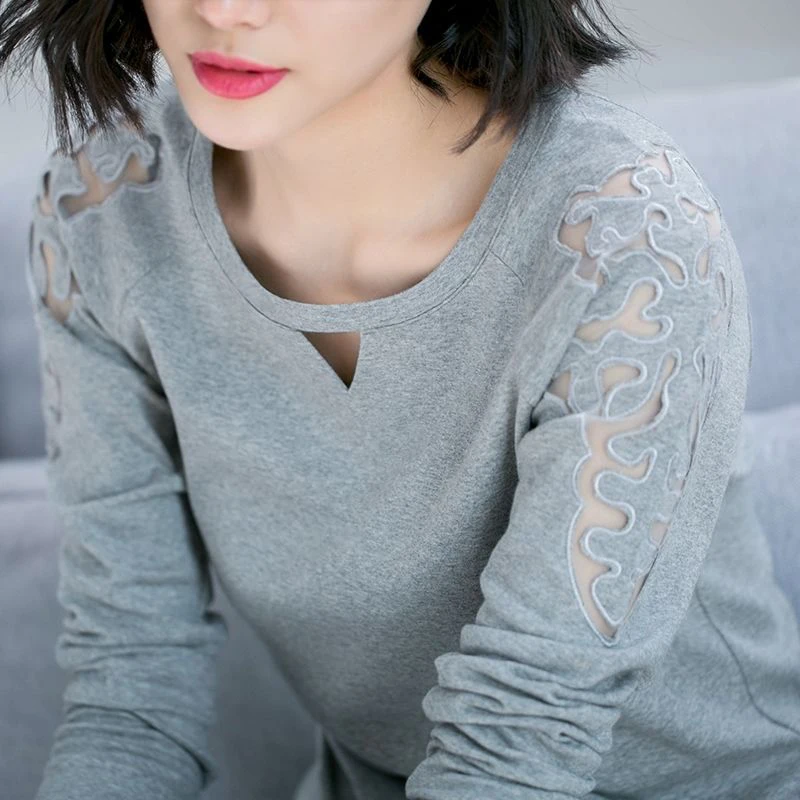 

Spring Casual O-Neck Hollow Shoulder Mesh Embroidery T-Shirt Women Plus Size 5XL Long Sleeve Pullover Tops Fashion Bottoming Tee