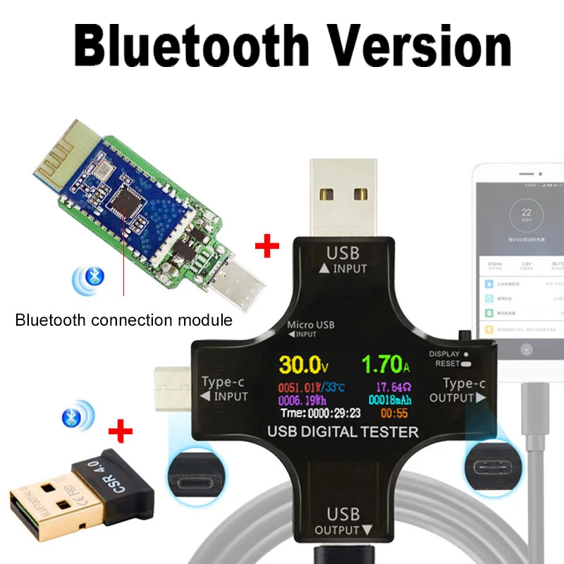 Цветной TFT USB тестер Bluetooth тип-c PD цифровой вольтметр напряжение измеритель тока Амперметр детектор power bank индикатор зарядного устройства - Цвет: Add adapter