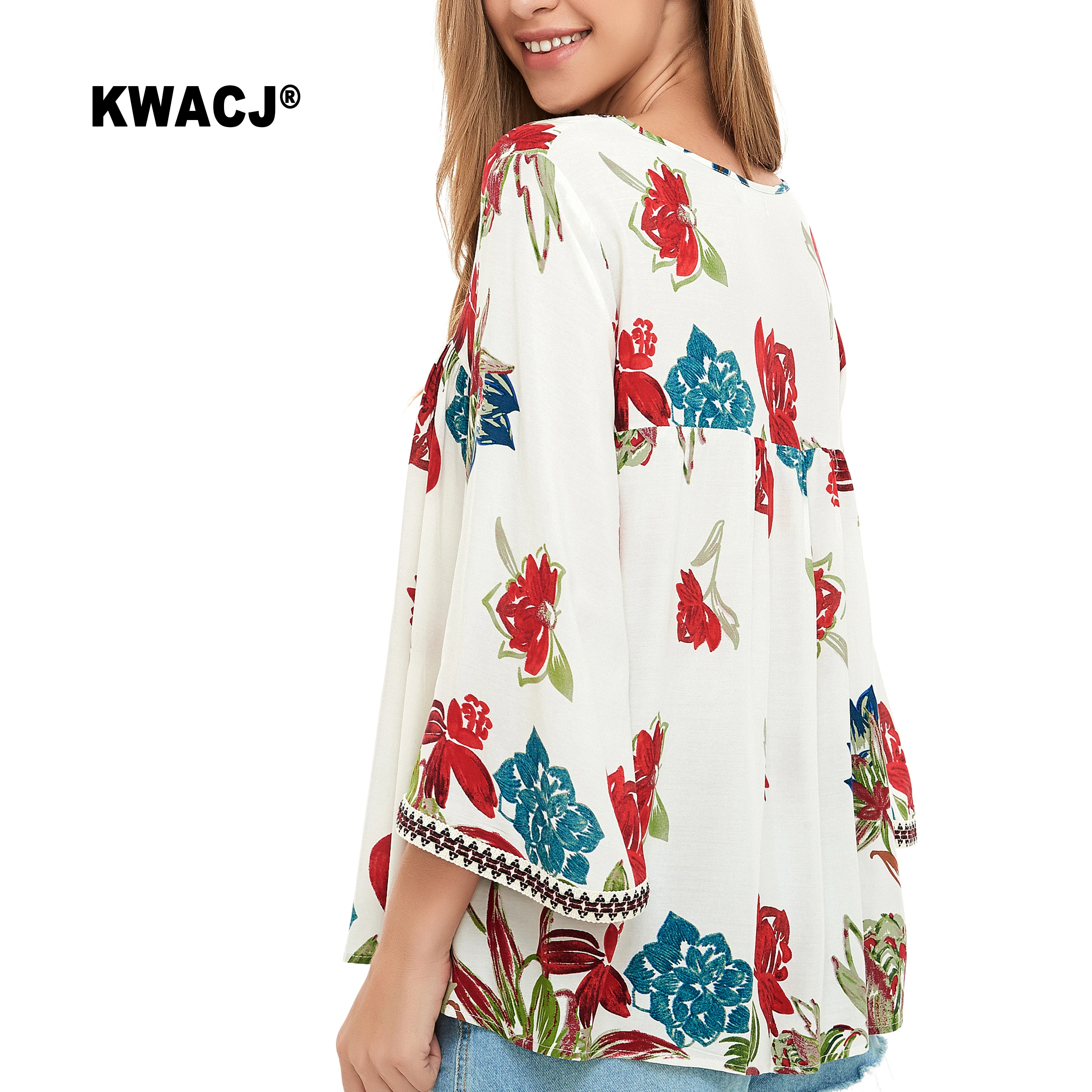 KWACJ Boho блузка с растительным принтом осенняя расклешенная блуза длинным рукавом