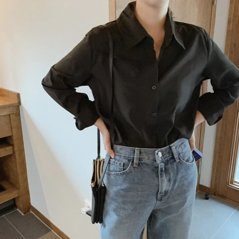 

Aelegantmis Soft Office Lady White Shirt for Women Blouse Turn-down Collar OL Black Shirt Woman Casual Chiffon Blouse Femme Tops