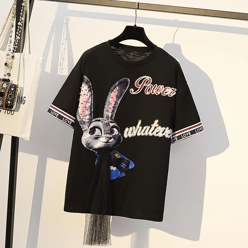 

MUMUZI 2021 summer new beaded tops cartoon t-shirt female loose short-sleeved slim sequins rabbit loose casual shirts women